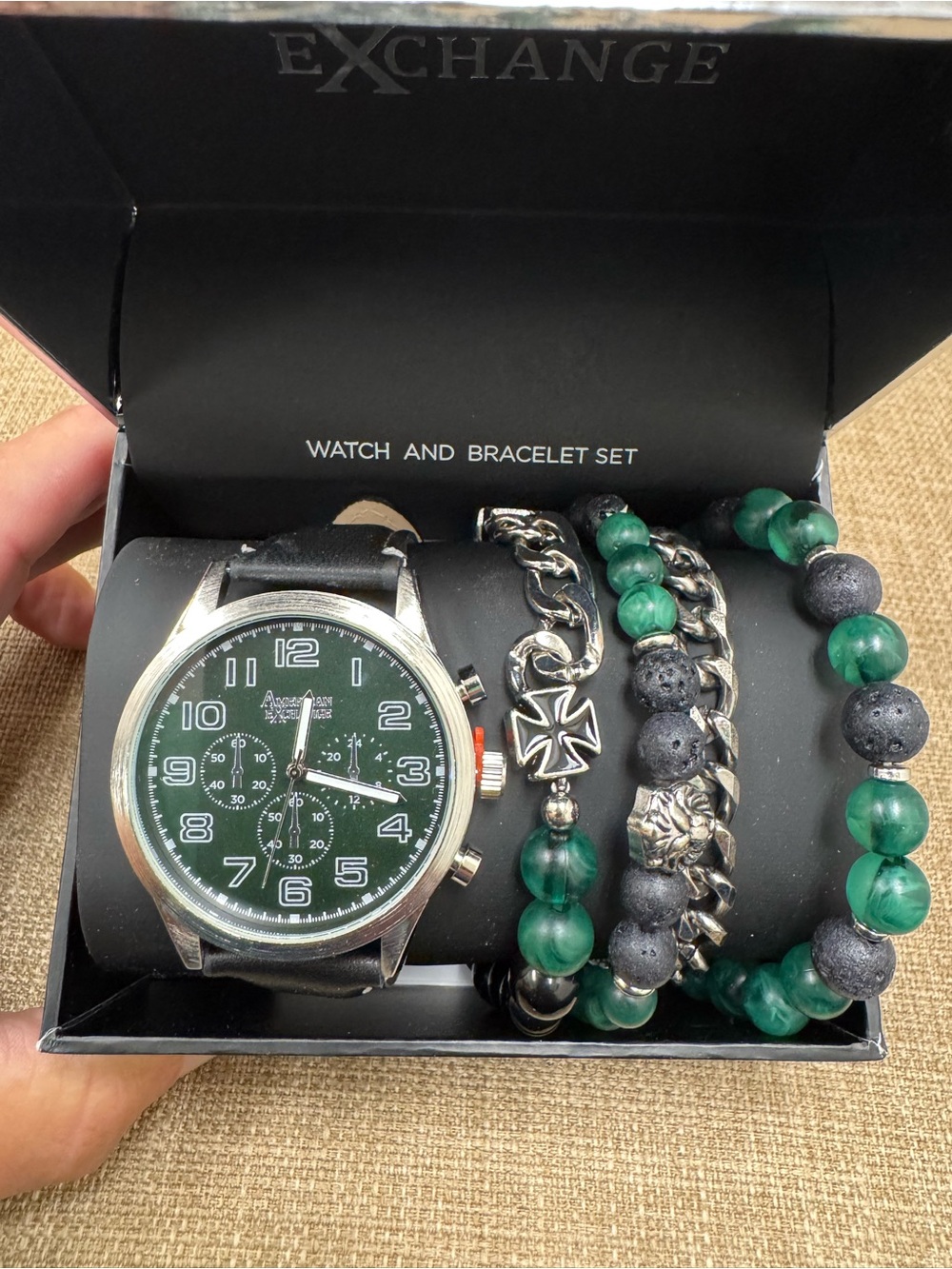 American Exchange Men’s Quartz Chronograph Green Dial Black Leather Strap Box